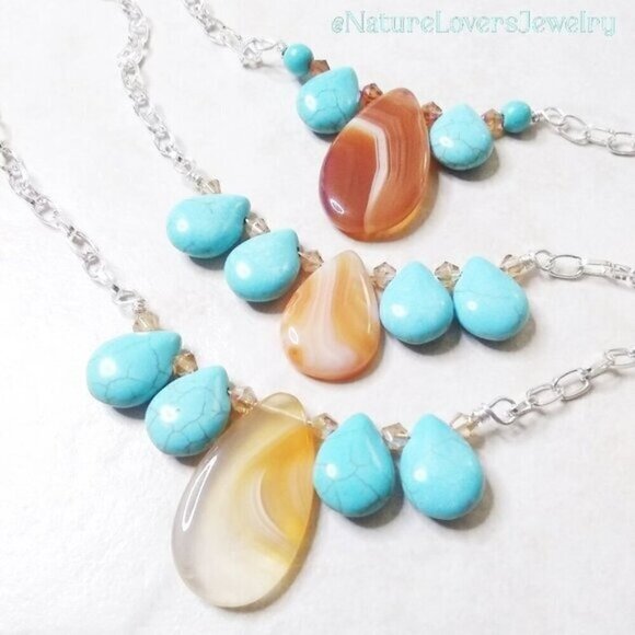 JEWELRY SET!!! Handmade Agate + Aqua Howlite! Necklace + Dangle Earrings Set! - Picture 15 of 16